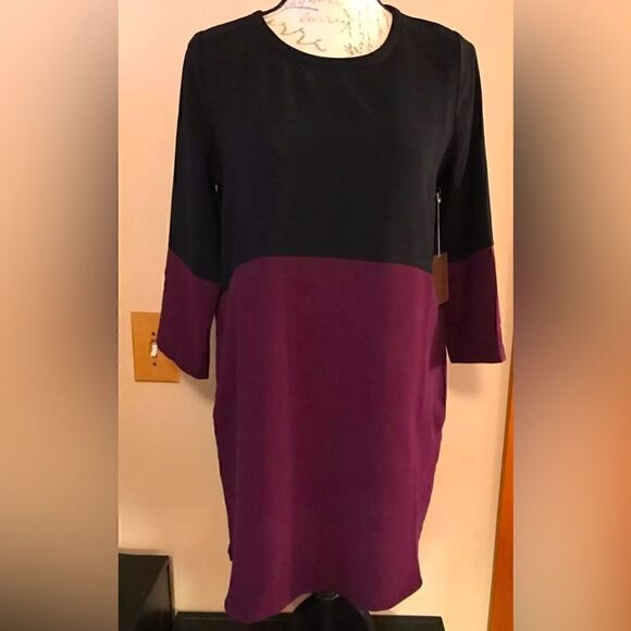 Forever 21 Black Plum Purple Colorblock Shift Smock Dress W/ Pockets - Size XS - Picture 1 of 10